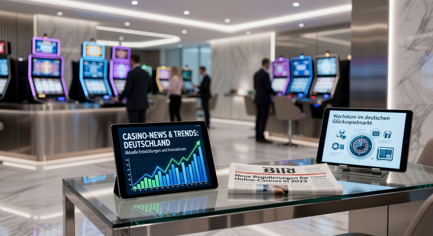 Moderne Spielbank in Deutschland mit eleganten Sälen und Besuchern an Spielautomaten und Tischen, beleuchtet von warmem Licht