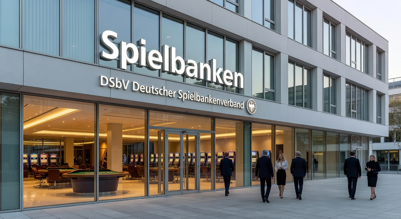 Besuchermassen in einer belebten deutschen Spielbank, mit Roulette-Tischen, Slot-Maschinen und glücklichen Gewinnern im Vordergrund