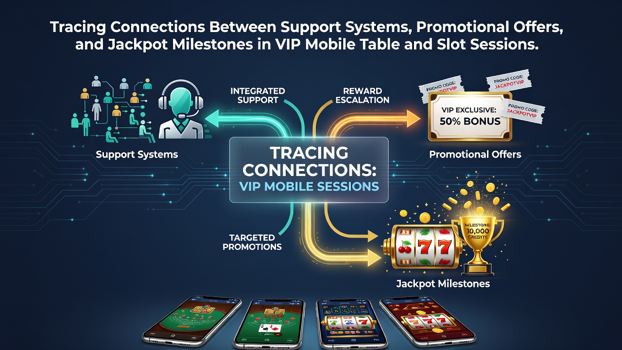 Illustration der Verbindungen zwischen Supportsystemen, Promotionsangeboten und Jackpot-Meilensteinen in mobilen VIP-Sessions